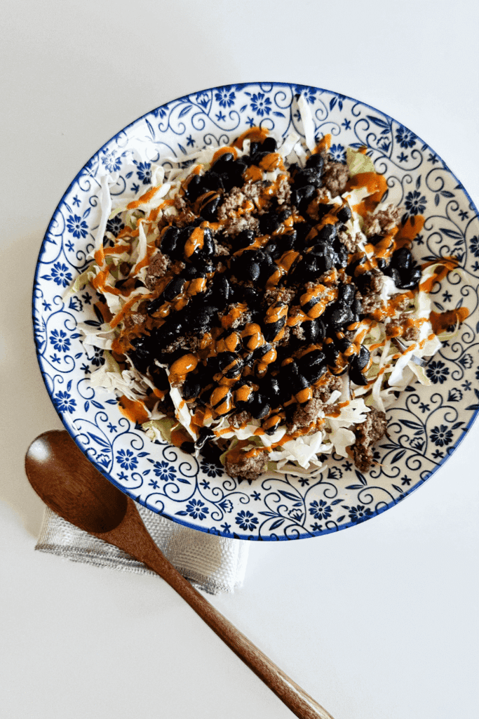 Spicy Ground Beef Coleslaw Bowl - Lynn Mumbing Mejia - Featured Pin 1